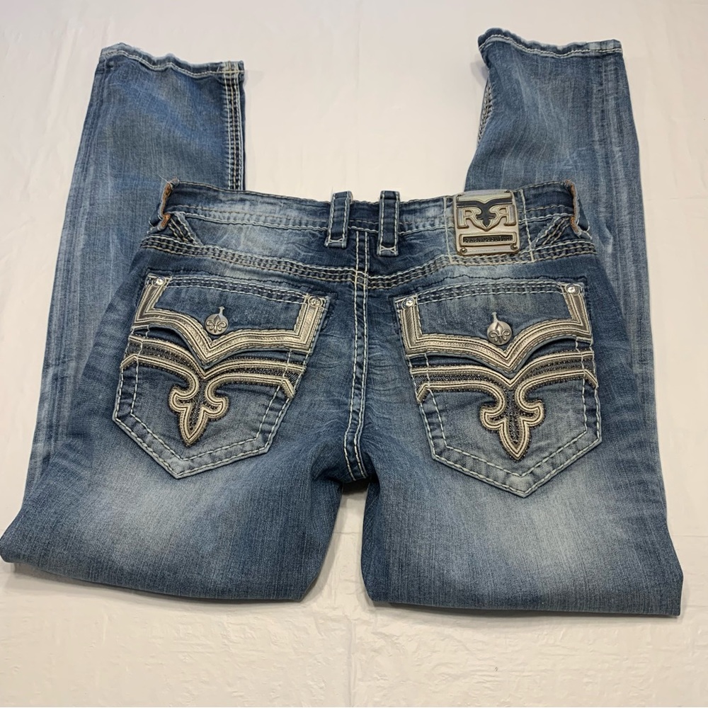 ROCK REVIVAL Stan Slim Straight Destroyed Distressed Blue Jeans Men’s 34 (35x31)